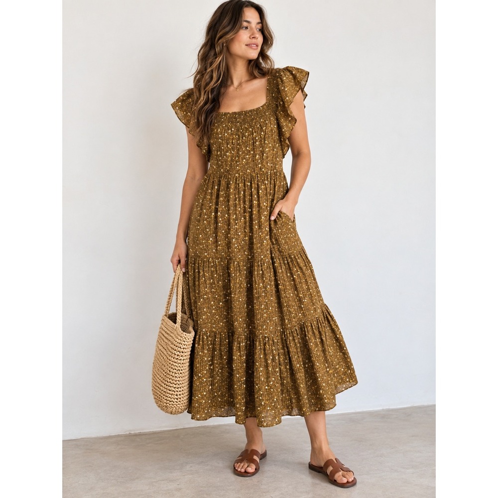 Madewell Daisy Stitch Floral Flutter Sleeve Tiered Midi Dress S Cottage Prairie
